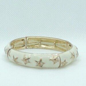 White Enamel Bangle Style Stretch Bracelet with Gold Stars
